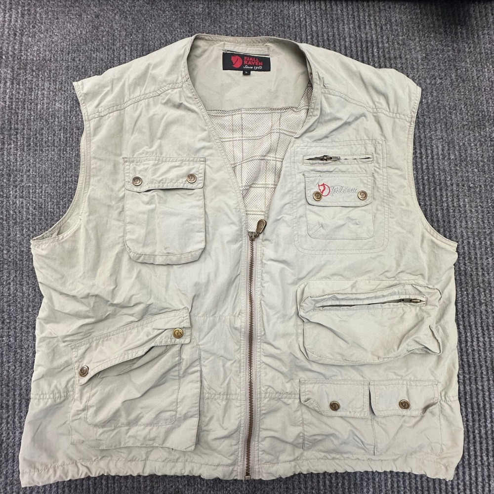 Fjallraven Travellers MT Vest Mens L Khaki Multi Pocket Hiking Fishing Utility